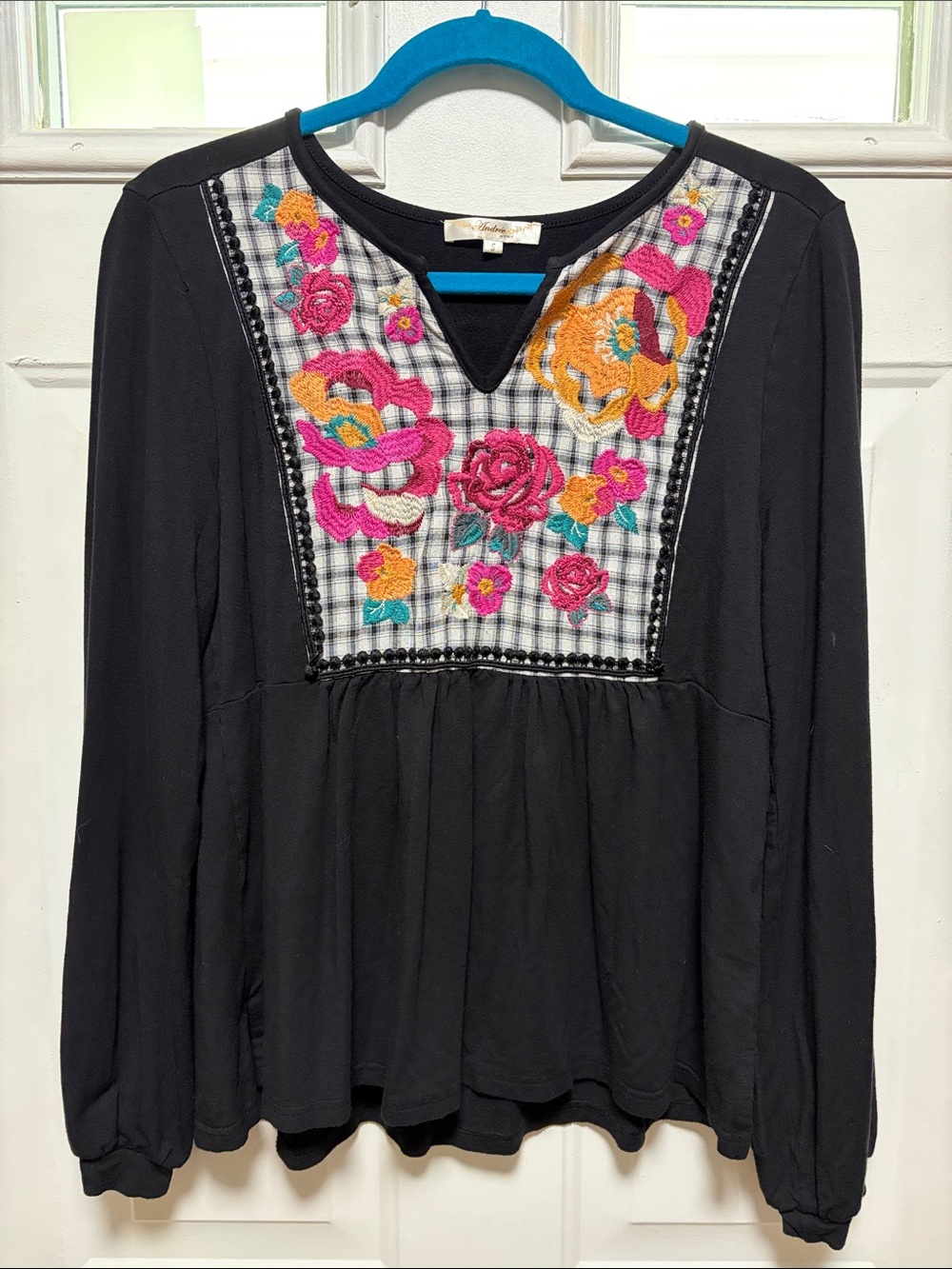 ANDREE BY UNIT Black Long-Sleeve Top with Pink & Orange Floral Embroidery